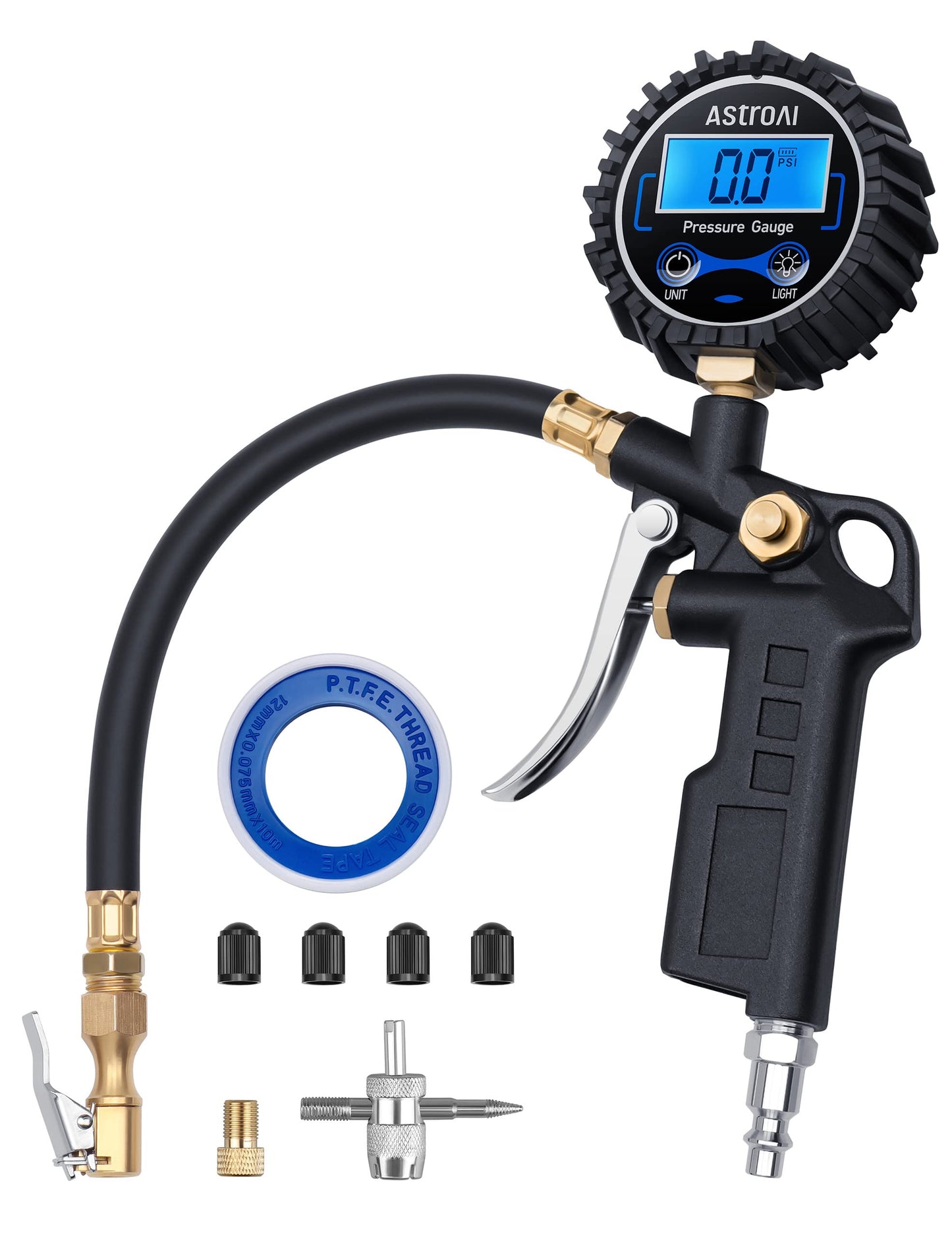 AstroAI Digital Tire Pressure Gauge with Inflator, 3-250 PSI Air Chuck & Compressor Accessories Heavy Duty with Quick Connect Coupler, 0.1 Display Resolution, 1pack