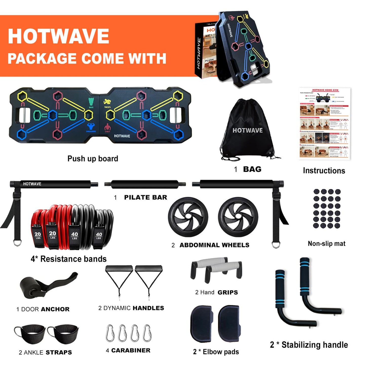 HOTWAVE Portable Workout Equipment with 20 Gym Accessories.Push Up Board &Plank Trainer,Resistance Bands with Ab Wheel,Exercise at Home For Men and Women