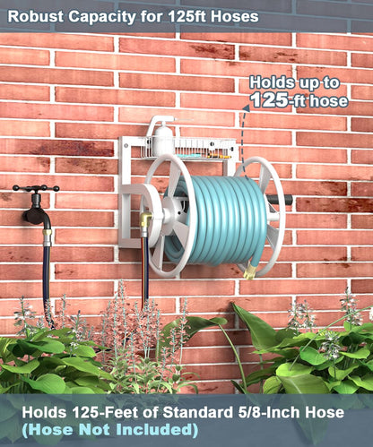 Artigarden Outdoor Garden Hose Reel Wall Mount, Heavy-Duty Water Hose Holder Winder with 3.9 ft Leader Hose, Brass Fitting and Storage Basket for Yard, Holds 125 Feet of 5/8-Inch Hose, White