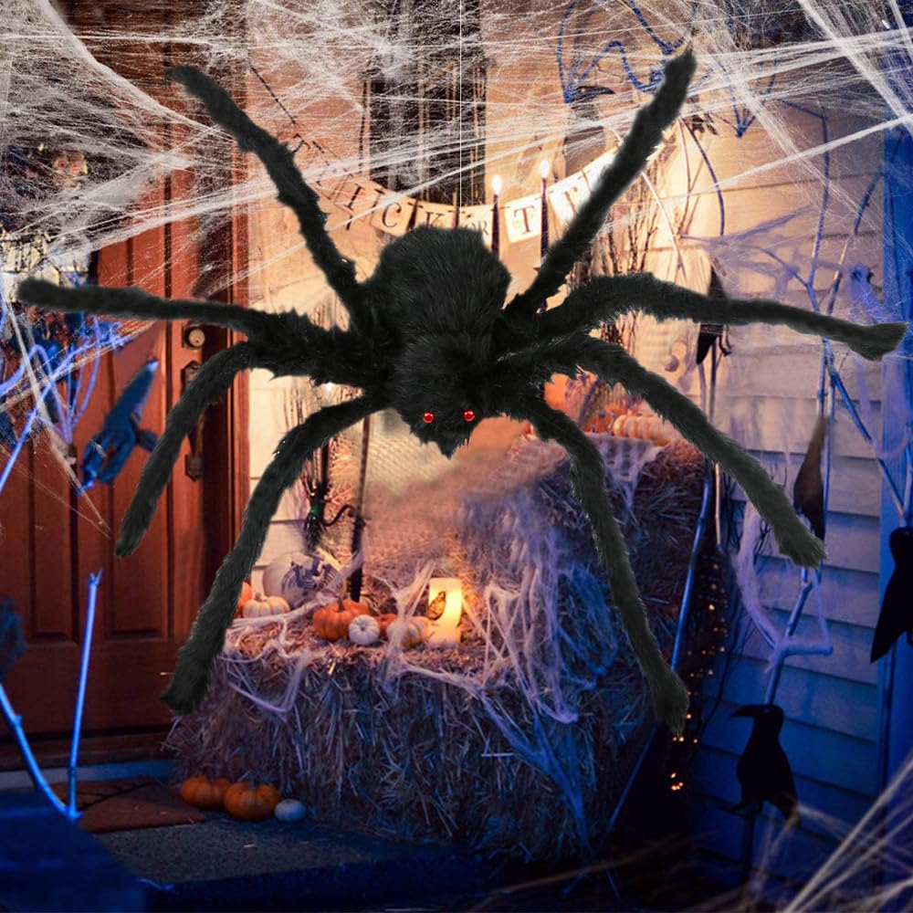 JAMIEWIN Giant Spider for Halloween Decoration 2 Pack, 55 inch Large Hairy Fake Spider Props, Scary Halloween Spider Decoration Outdoor Indoor House Party Yard