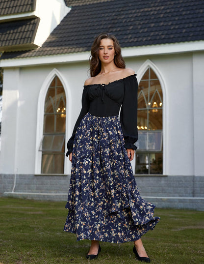 Women Floral Print Boho Skirt Elastic High Waist Long Maxi Skirts with Pockets Navy Yellow Floral L