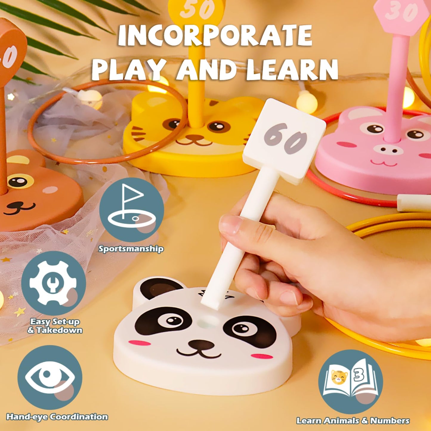 Animal Ring Toss Game Toy Set for Kids, 6 Targets Stands & 36 Rings Combo, Indoor Outdoor Party Yard Family Adults Activity, Birthday Present for Toddlers Boys Girls Child Ages 3+