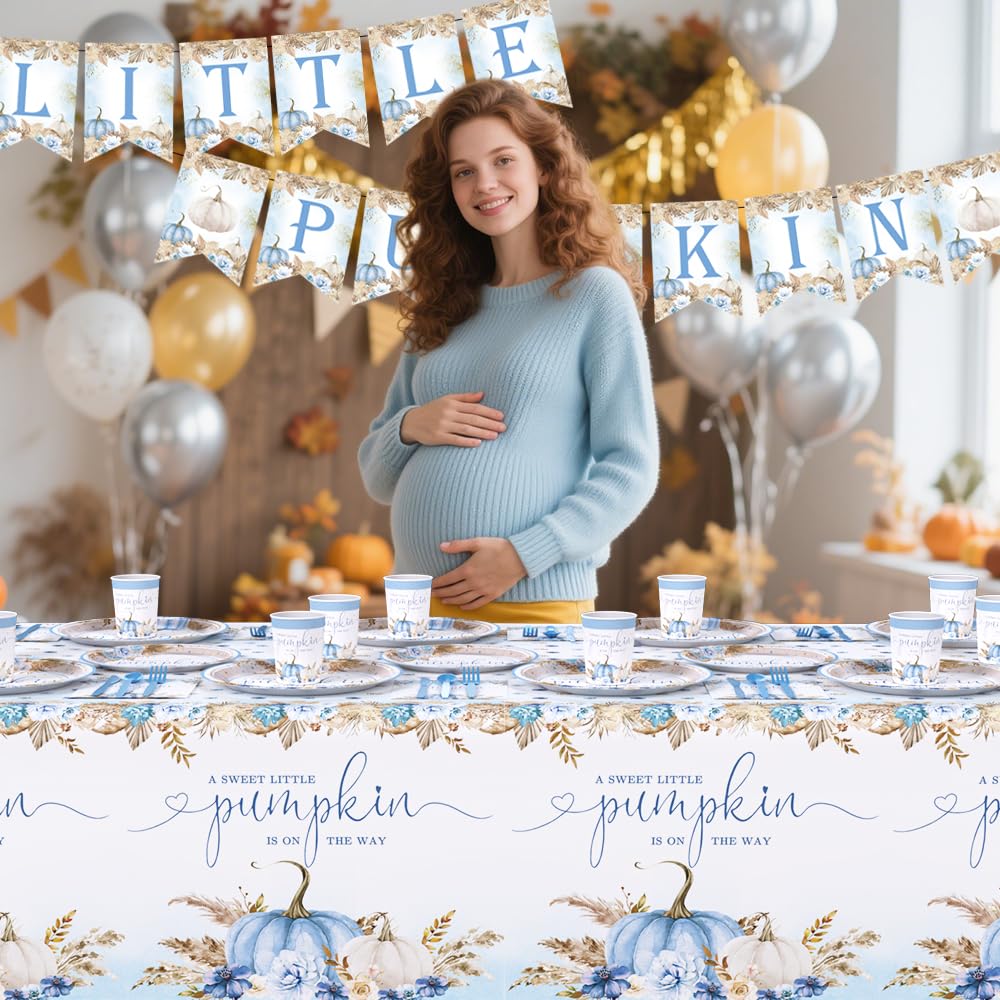 AIBIIN 194Pcs Fall Pumpkin Baby Shower Decorations for Boys, Boho Floral Pampas Grass Little Pumpkin Party Supplies Disposable Tableware Set Plates Napkins Banners Plastic Tablecloth for Baby Shower