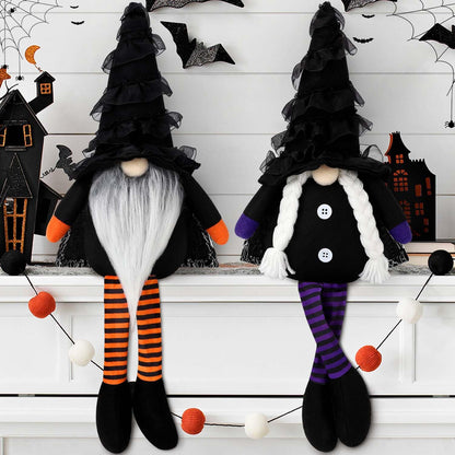 BINSUNS Halloween Plush Gnomes Decoration, 2 Pack Halloween Dangle Leg Gnomes Doll Elf Dwarf - Black Witch Cloak Hat Stuffed gnomesfor Halloween Home Decor Table Decorations Gifts Household Ornaments