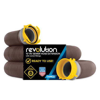 Camco Revolution 10-Foot Camper/RV Sewer Hose Kit - Features Pre-Attached 360-Degree Rotating Fittings - Includes Wire Guards (39639)