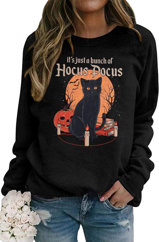 ASTANFY Halloween Sweatshirts for Women Hocus Pocus Graphic Sweatshirt Halloween Long Sleeve Shirts Black