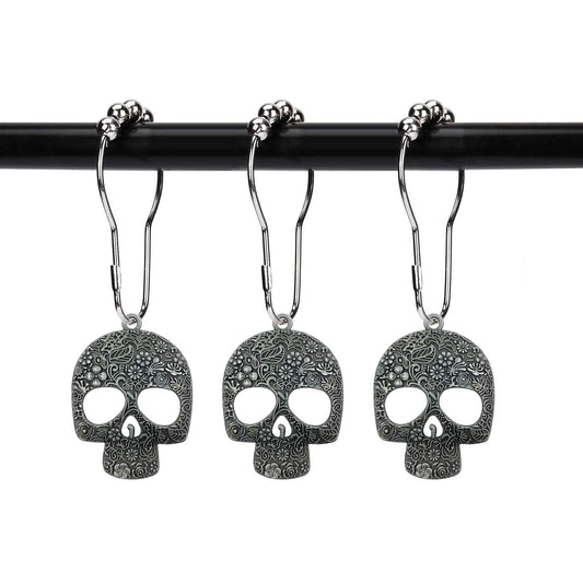 ZILucky Set of 12 Sugar Skull Shower Curtain Hooks Decorative Home Bathroom Stainless Steel Rustproof Skeletons Shower Curtain Rings Decor Accessories (Pewter)