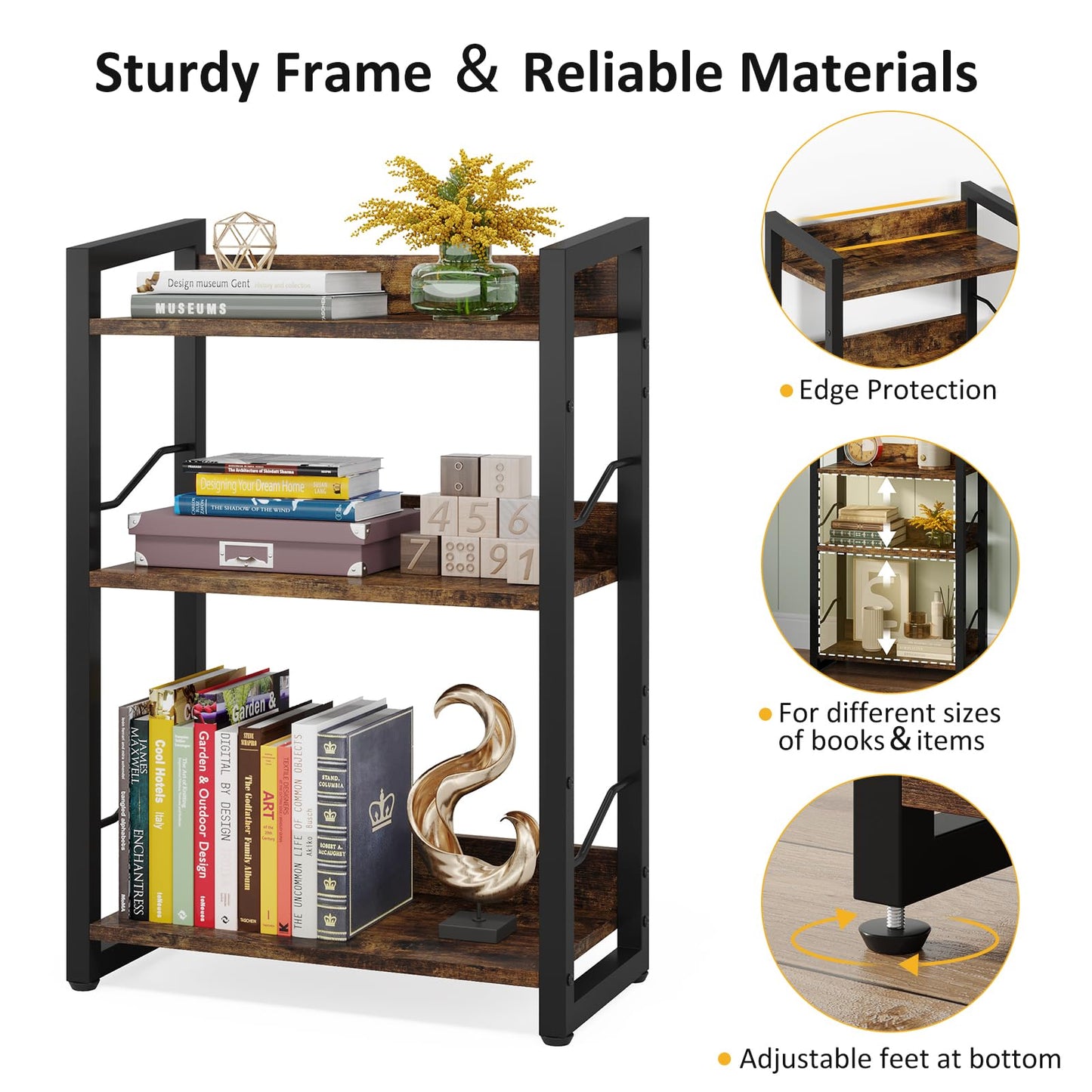 Hosfais Book Shelf Small Bookshelf: 3-Tier Wood Bookcase Industrial Bookshelf with Edge Protection Metal Narrow Bookcase Storage Organizer Display Rack for Bedroom Home Office (Rustic Brown)