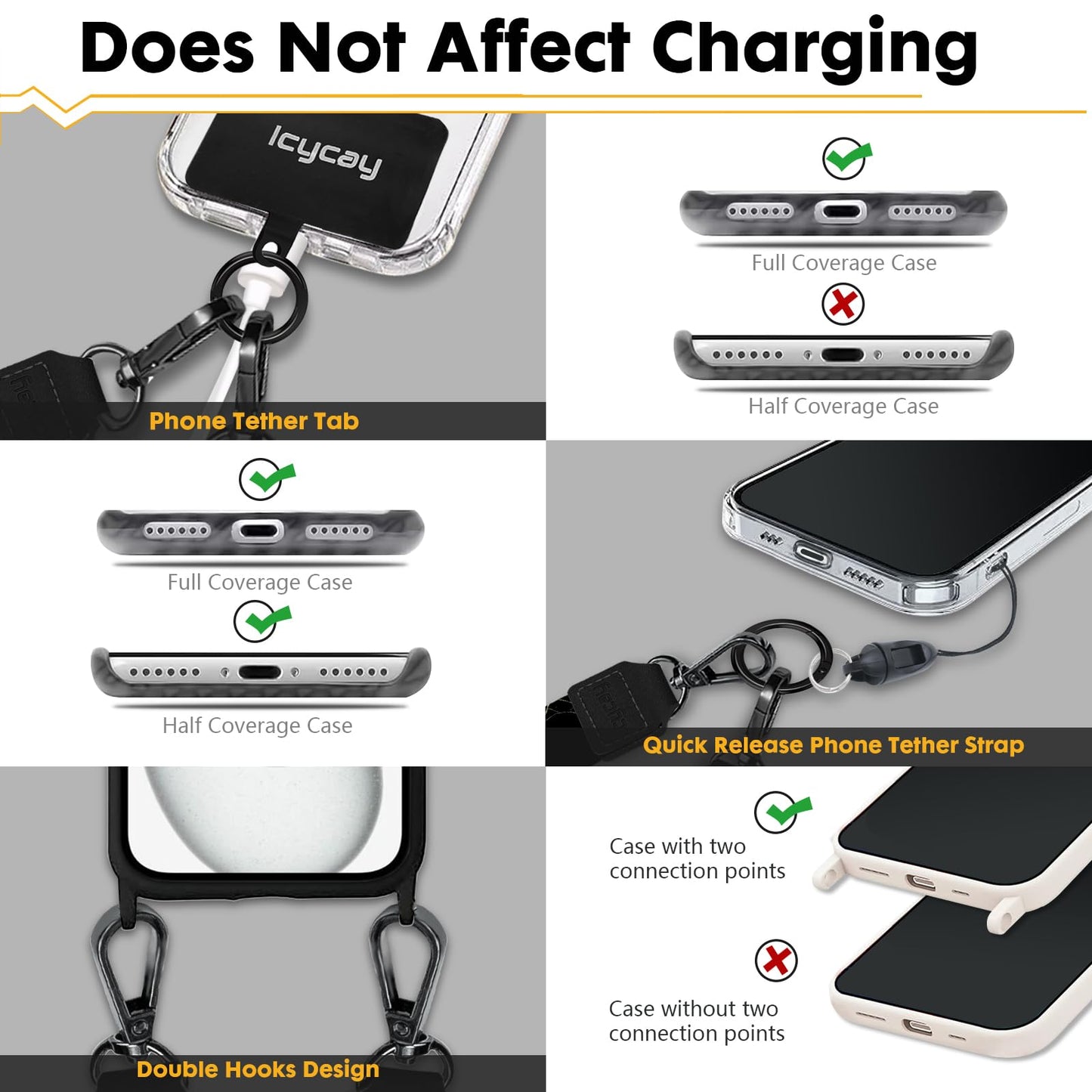 Icycay Phone Lanyard Crossbody, Black Marble Cell Phone Strap for Around The Neck Adjustable, Anti Theft Cute Lanyard for iPhone Case ID Holder Keys Accessories Travel Essential