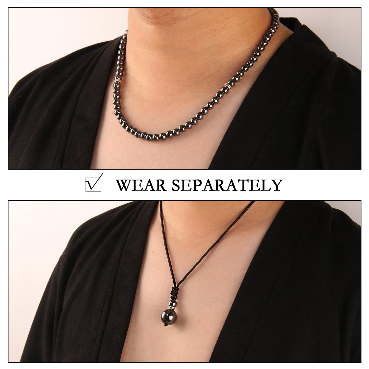 2Pcs Hematite Necklace - Beaded Necklace for Men - Protection Necklace Men Choker Necklaces Hematite Beads Pendant Jewelry Gifts for Men