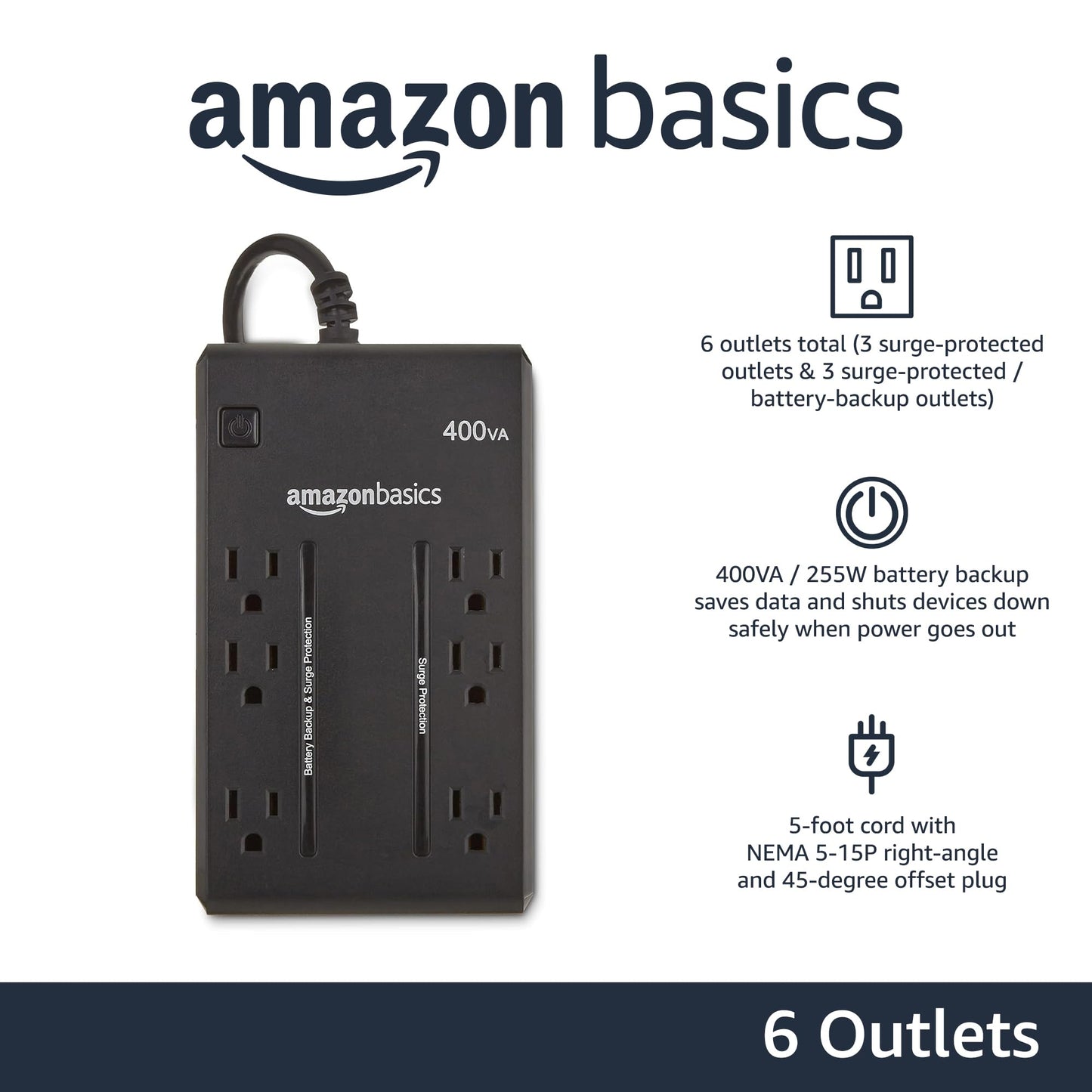 Amazon Basics UPS Battery Backup & Surge Protector 400VA/255W, 6 Outlets, Standby Uninterruptible Power Supply, for Power Outage Protection, Compact, Black
