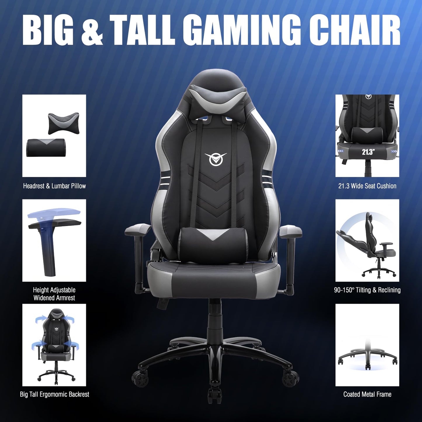Big and Tall Gaming Chair 350lbs-Racing Style Computer Gamer Chair,Ergonomic Desk Office PC Chair with Wide Seat, Reclining Back, Adjustable Armrest for Adult Teens-Black/Grey