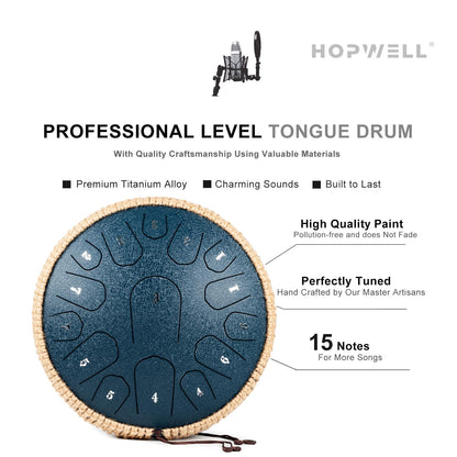 HOPWELL Steel Tongue Drum - 13 Inches 15 Notes Tongue Drum - Hand Pan Drum with Music Book, Handpan Drums Mallets and Carry Bag, D Major (Navy Blue)