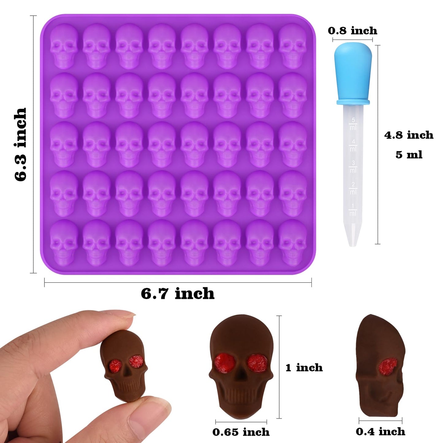 HUAKENER Gummy Skull Molds - 2 Pack Skull Candy Molds with 2 Droppers, Silicone Molds for Chocolate, Candy, Jelly, Dog Treats, Ice Cube, Resin Casting