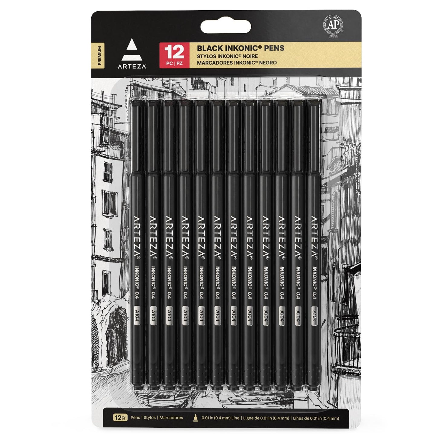 ARTEZA Black Inkonic Fineliners Pens, Set of 12, 0.4 mm Fine Tip Markers, Water-Based Art Pens for Drawing, Sketching, Journaling, Calligraphy
