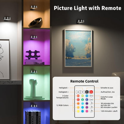 3PCS Picture Lights with Remote, Rechargeable Battery Magnetic Poster Lights with 3 Color Temps&12 RGB, Dimmable and Timer Metal Art Light for Display, Wall, Artwork, Gallery (Black)