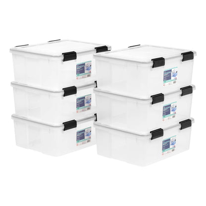 IRIS USA WeatherPro 31 Qt Storage Bins with Lids, 6 Pack, BPA-Free Plastic Gasket Box with Tight Latch and Seal, Stackable Nestable Tote Tub - Clear/Black
