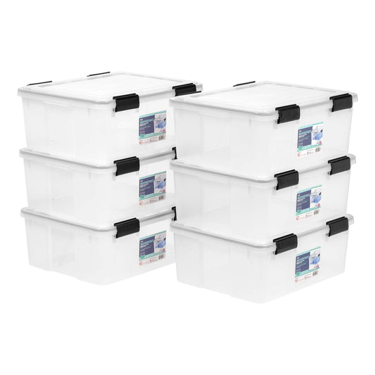 IRIS USA WeatherPro 31 Qt Storage Bins with Lids, 6 Pack, BPA-Free Plastic Gasket Box with Tight Latch and Seal, Stackable Nestable Tote Tub - Clear/Black