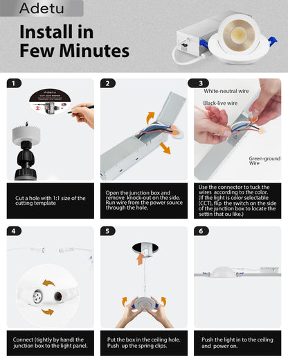 Adetu 2 Inch 5CCT Gimbal Led Recessed Lighting with Junction Box, 360°+90° Adjustable Recessed Can Lights, 2700K/3000K/3500K/4000K/5000K Selectable, 5W Eqv 50W, 550LM Brightness - ETL (White,12 Pack)