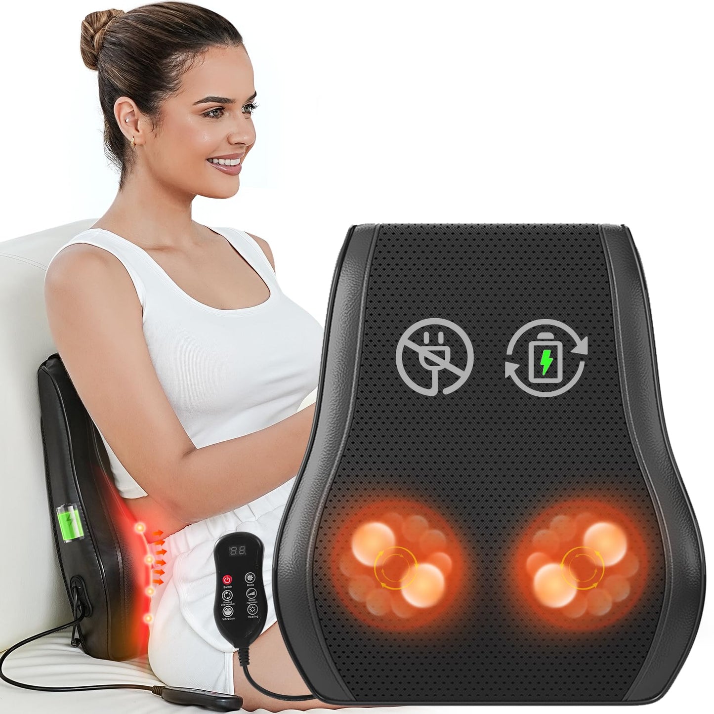 Admbm Rechargeable Back Massager with Heat, Shiatsu Neck Massager for Pain Relief Deep Tissue, 4D Kneading Massage Pillow for Neck Shoulder Leg Waist and Abdominal, Suit for Office, Home and Car