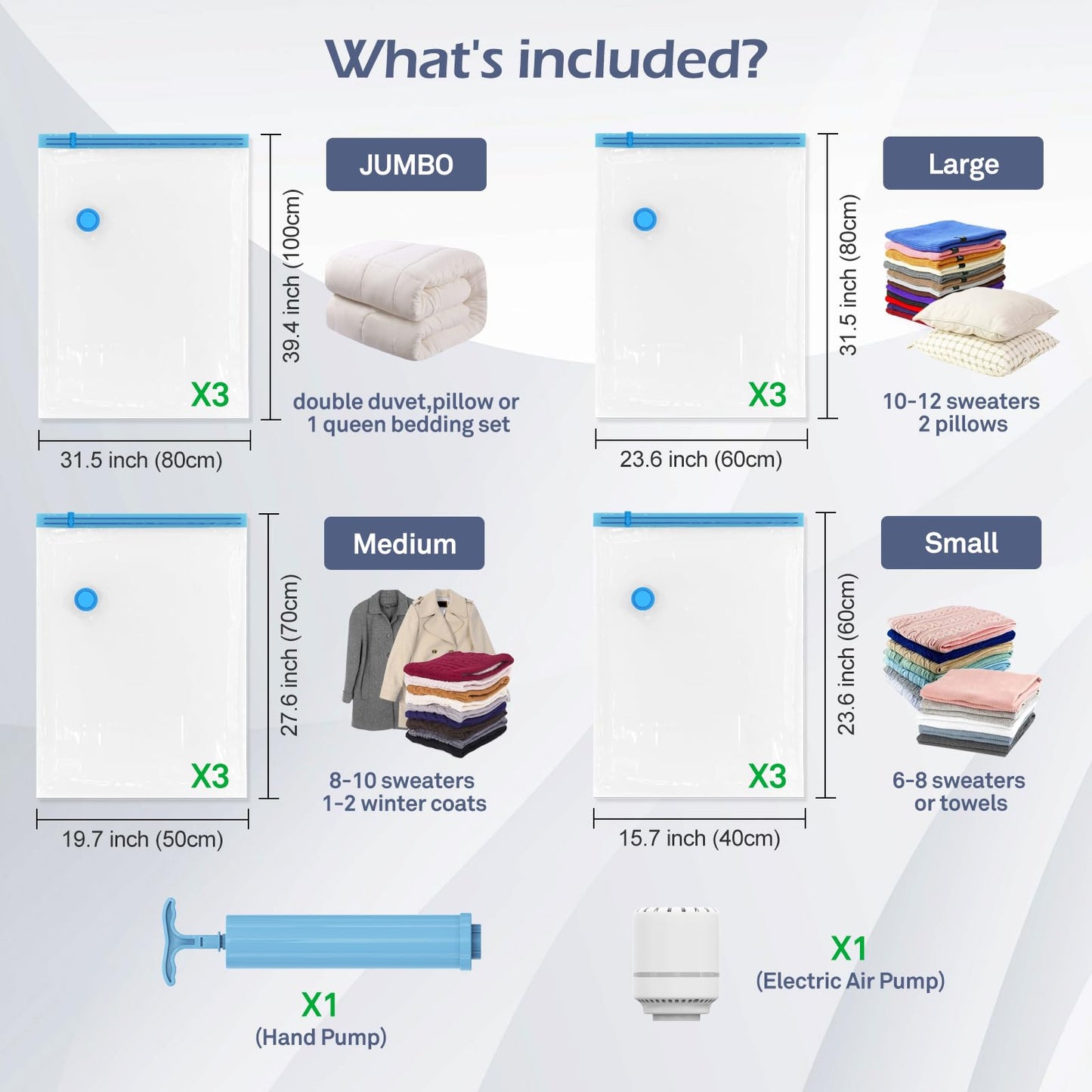 AKLL7S Vacuum Storage Bags with Electric Pump, 12 Pack Space Saver Bags(3 Jumbo/3 Large/3 Medium/3 Small) Vacuum Seal Bags for Clothing, Comforters, Blankets, Travel(Hand Pump Included)