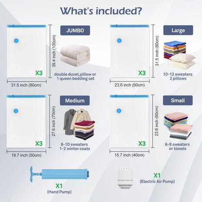 AKLL7S Vacuum Storage Bags with Electric Pump, 12 Pack Space Saver Bags(3 Jumbo/3 Large/3 Medium/3 Small) Vacuum Seal Bags for Clothing, Comforters, Blankets, Travel(Hand Pump Included)