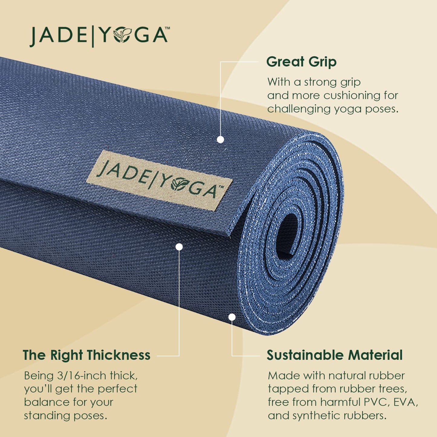 JadeYoga Harmony Yoga Mat- Durable & Thick Gym Fitness Mat, Non-Slip Natural Rubber Yoga Mat- Home Exercise & Stretching Mat, Workout Mat- Yoga Pilate Meditation for Women & Men (Midnight Blue, 74'')