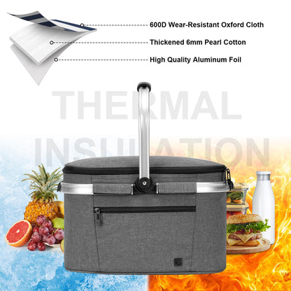 ALLCAMP Insulated Cooler Bag Portable Collapsible Picnic Basket Cooler Bag Collapsible, Leakproof, Lightweightwith Sewn in Frame (Medium Gray)