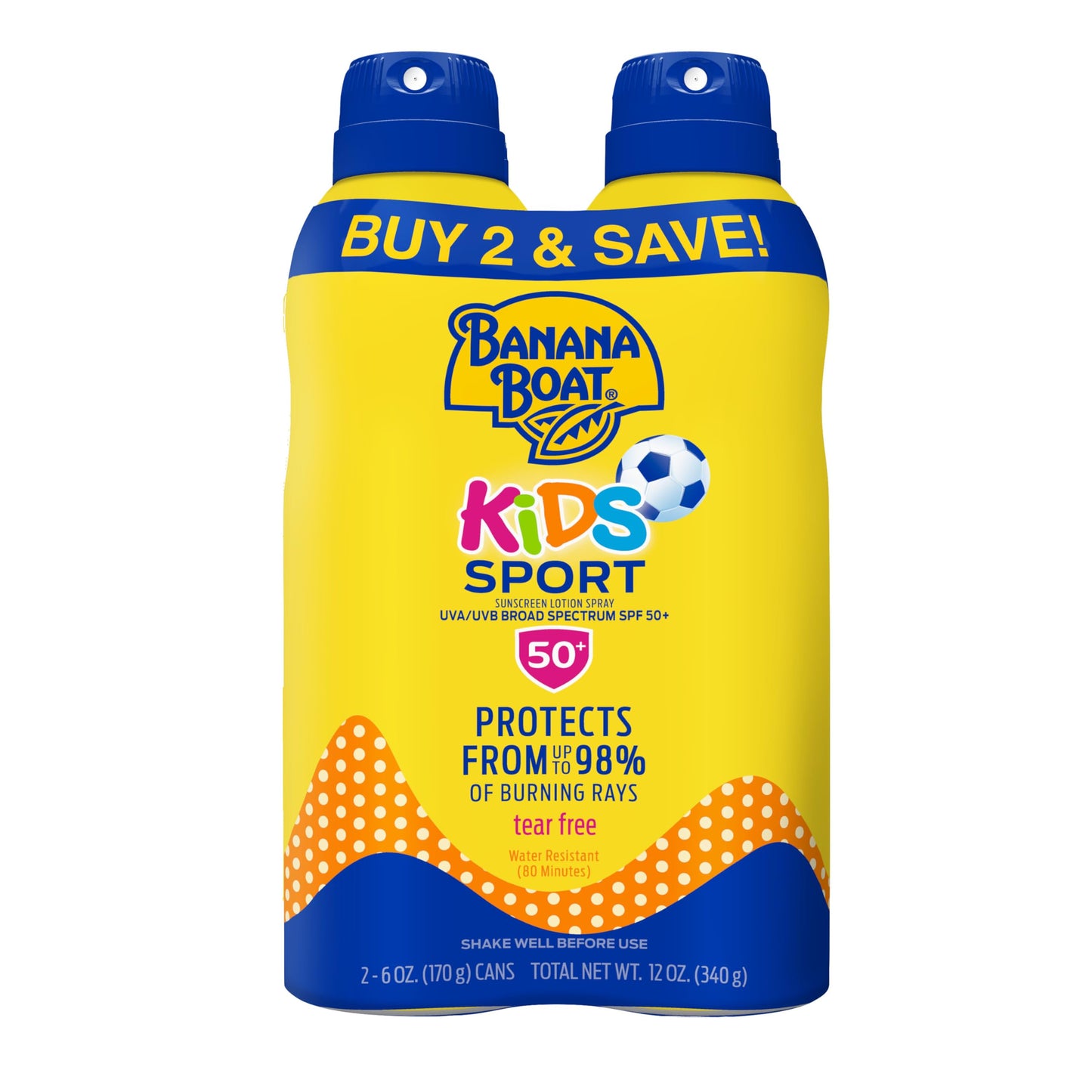 Banana Boat Sport Kids Sunscreen Spray SPF 50, Twin Pack | Spray Sunscreen for Kids, Childrens Sunblock SPF 50, Oxybenzone-Free, 6oz each