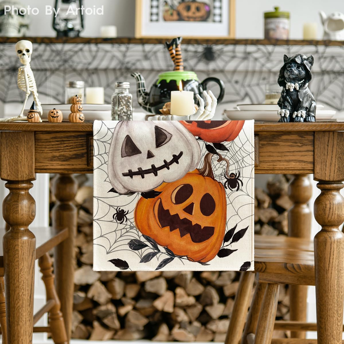 Artoid Mode Pumpkins Spider Web Halloween Table Runner, Seasonal Fall Kitchen Dining Table Decoration for Home Party Decor 13x72 Inch