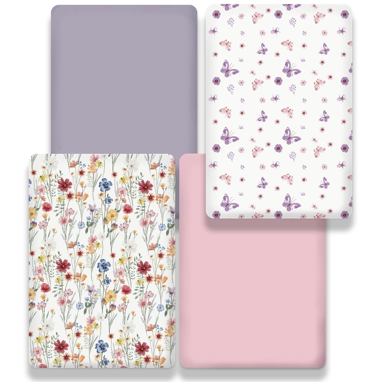 bimocosy Mini Crib Sheets,Pack and Play Sheets for Baby Girl Boy 4 Pack,Size 38"x 26" for Playard Mattress,Portable Mini Crib,Soft Pack N Play Sheets Fitted,Butterfly/Floral/Pink/Purple