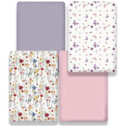 bimocosy Mini Crib Sheets,Pack and Play Sheets for Baby Girl Boy 4 Pack,Size 38"x 26" for Playard Mattress,Portable Mini Crib,Soft Pack N Play Sheets Fitted,Butterfly/Floral/Pink/Purple
