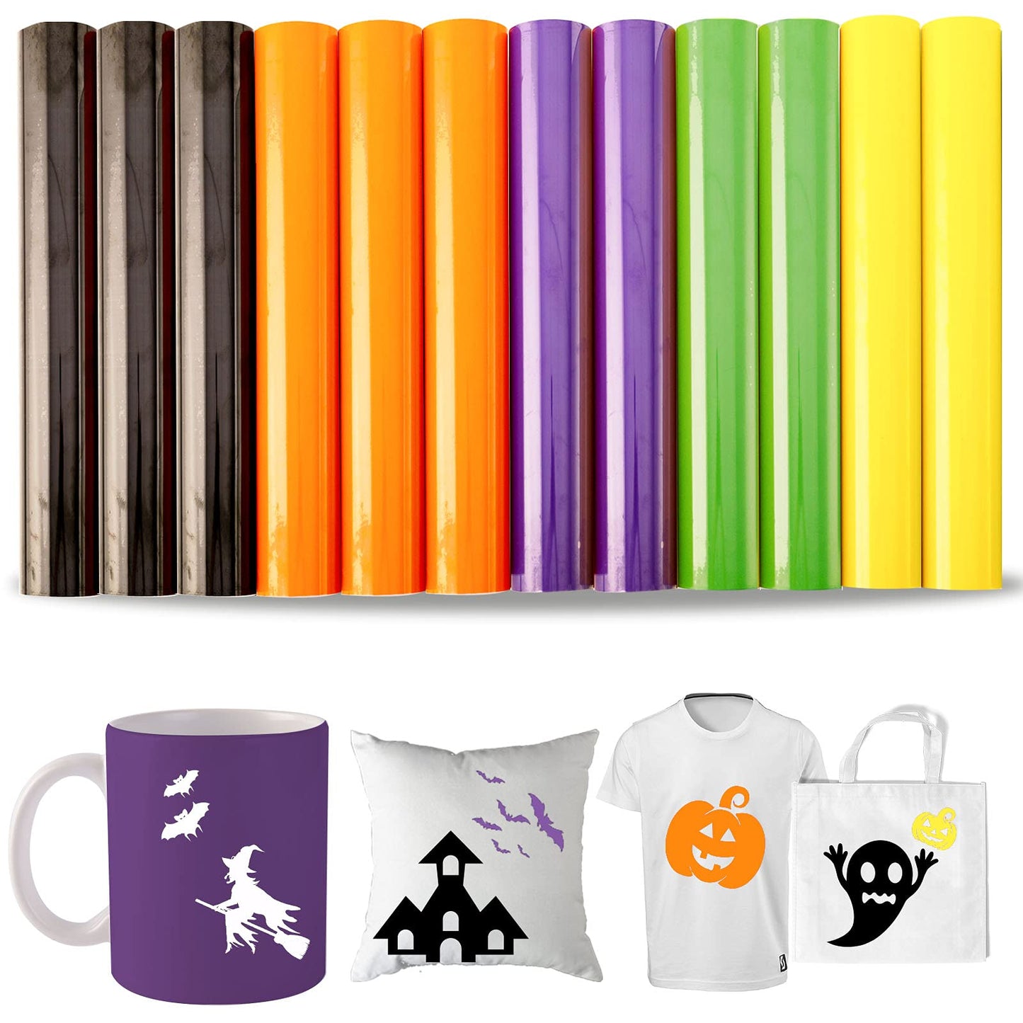 Whaline 12 Sheet Halloween Heat Transfer Vinyl Black Orange Purple Green Yellow HTV Iron on Vinyl Adhesive Craft Vinyl Sheet for DIY Fabric T-Shirts Holiday Gift Halloween Party Decoration, 12 x 10