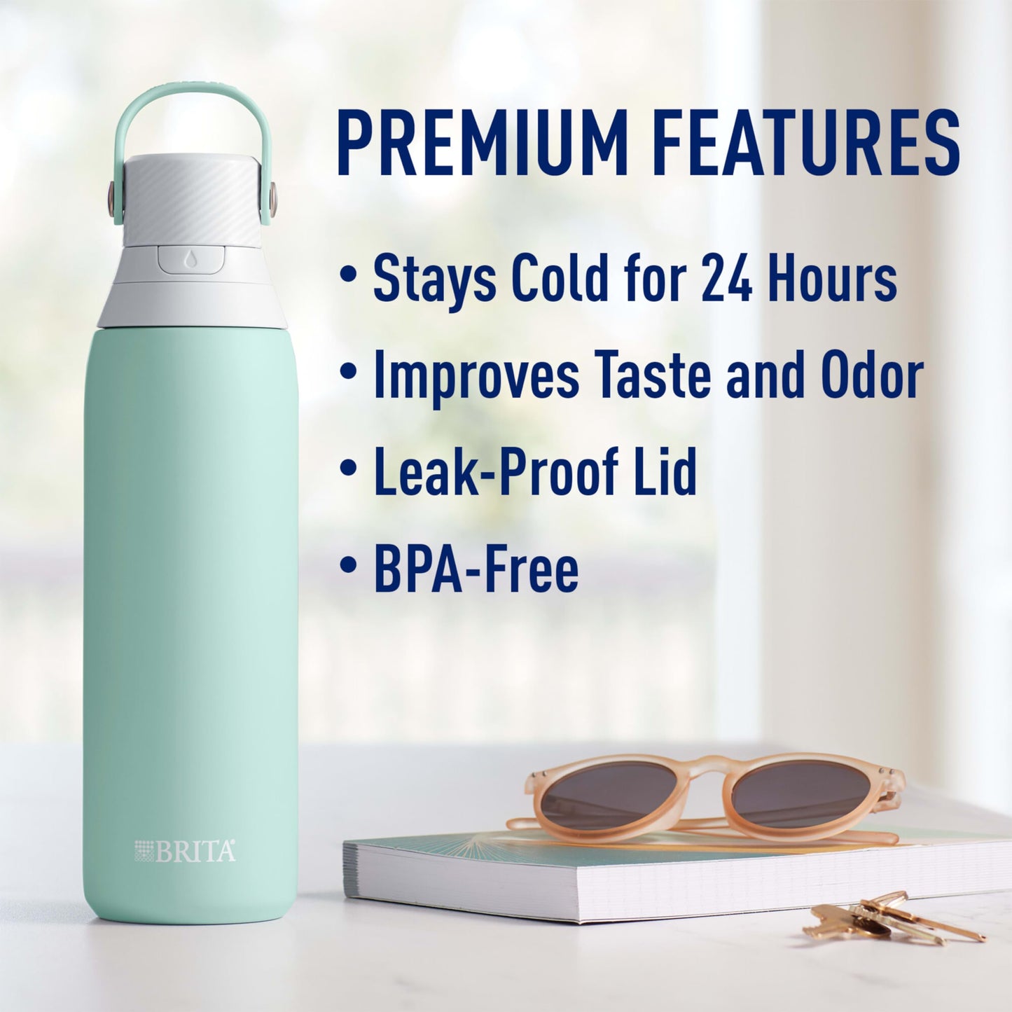 Brita Stainless Steel Premium Filtering Water Bottle, BPA-Free, Reusable, Insulated, Replaces 300 Plastic Water Bottles, Filter Lasts 2 Months or 40 Gallons, Includes 1 Filter, Glacier - 20 oz
