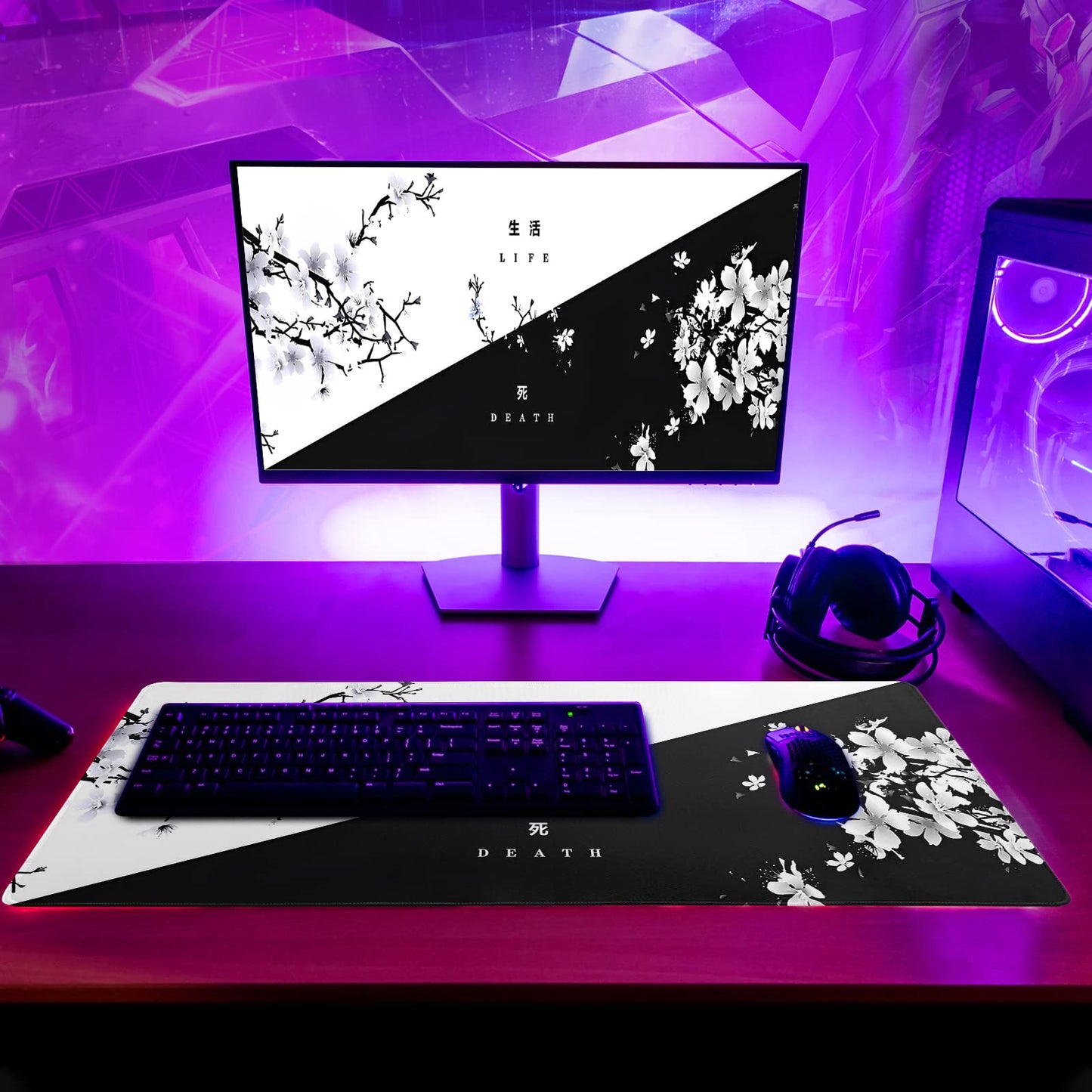 Black and White Japanese Cherry Blossom Gaming Mouse Pad Sakura Death Life Flower Mat 31.5x11.8 Inch Texture Non-Slip Rubber Base Mousepad Stitched Edges Keyboard Desk Pad for Office Home Game