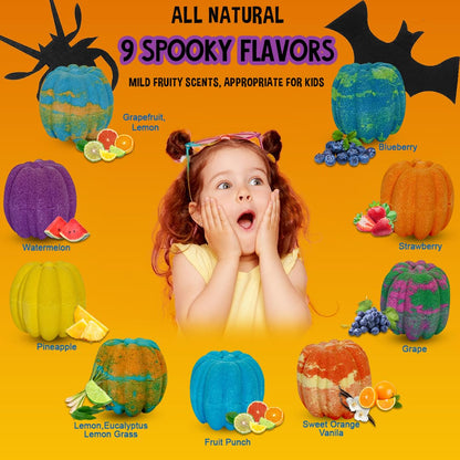 Bath Bombs for Kids with Surprise Toys Inside - Set of 9 Organic Halloween Bath Bombs, Gentle and Safe - Fizzy Balls with Rainbow Bubbles, Halloween Gifts for Kids