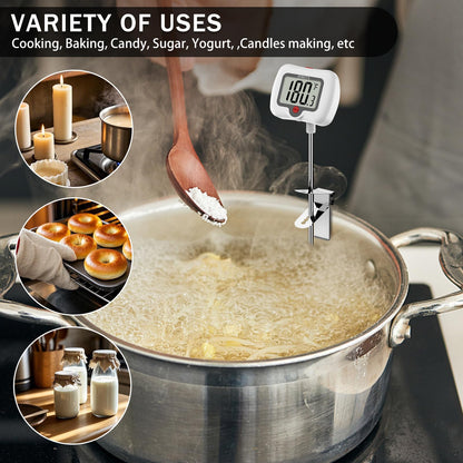 BOMATA Candy Thermometer with Pot Clip, Instant Read Cooking Thermometer with 8" Long Probe, Rotating Display, for Candy Making, Food, Candle Making, Liquids, Water, Baking, Sugar, Grilling. White