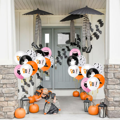 50Pcs Halloween Balloons Decor Girls Halloween Pink Orange Black White Latex Balloon with Ghost Witch Cauldron Bat Printed for Halloween Baby Shower Happy Boo Day Spooky One Two Spooky Party Supplies