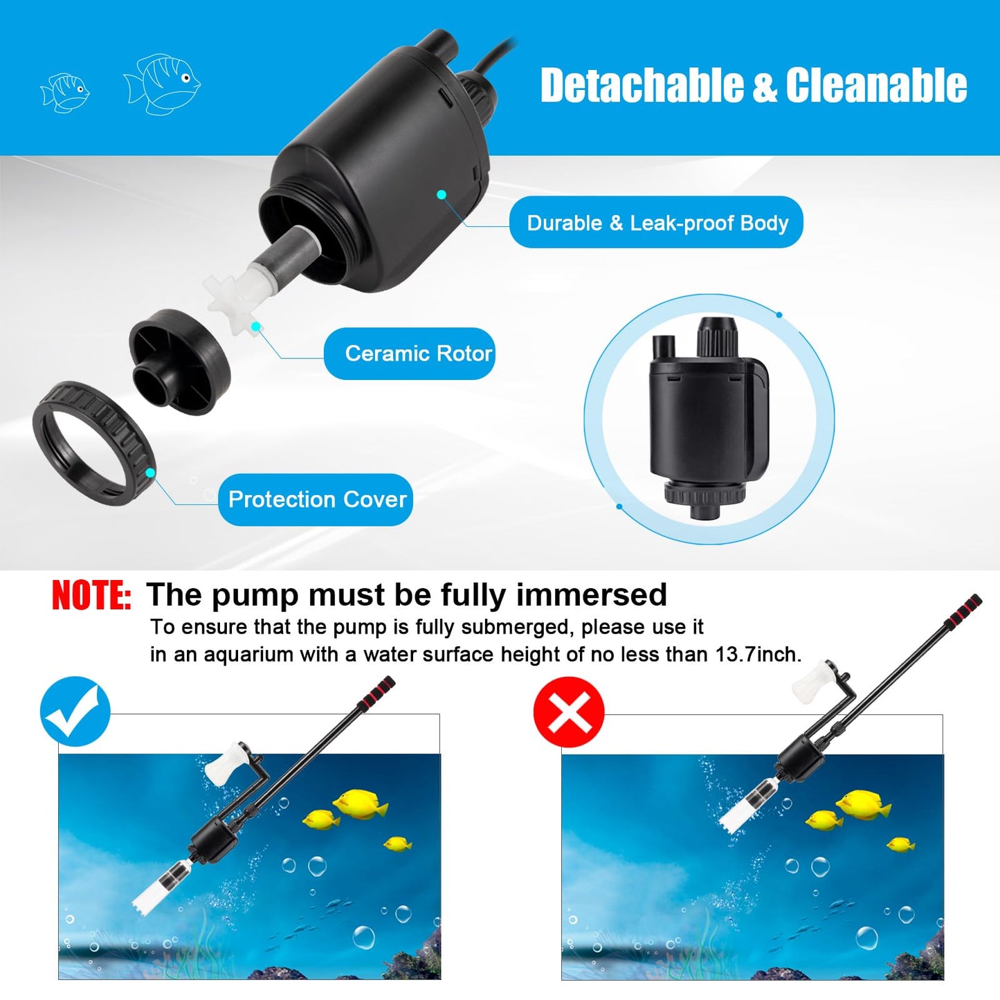 AQQA Aquarium Gravel Cleaner, 6-in-1 Electric Fish Tanks Gravel Vacuum Cleaner Set for Remove Dirt, Change Water, Wash Sand, Water Shower, Water Circulation (20W, 320GPH)