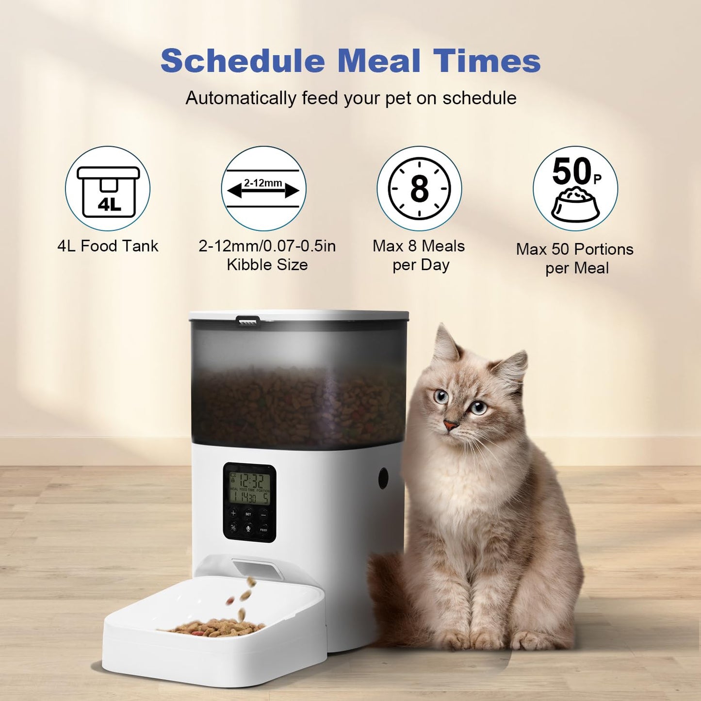 Automatic Cat Feeder, 4L Cat Food Dispenser with 10s Voice Recorder, Pet Feeder up to 8 Meals per Day, Timed Dog Feeder with Dry Food Sealed Ring (White, 4L-Basic)
