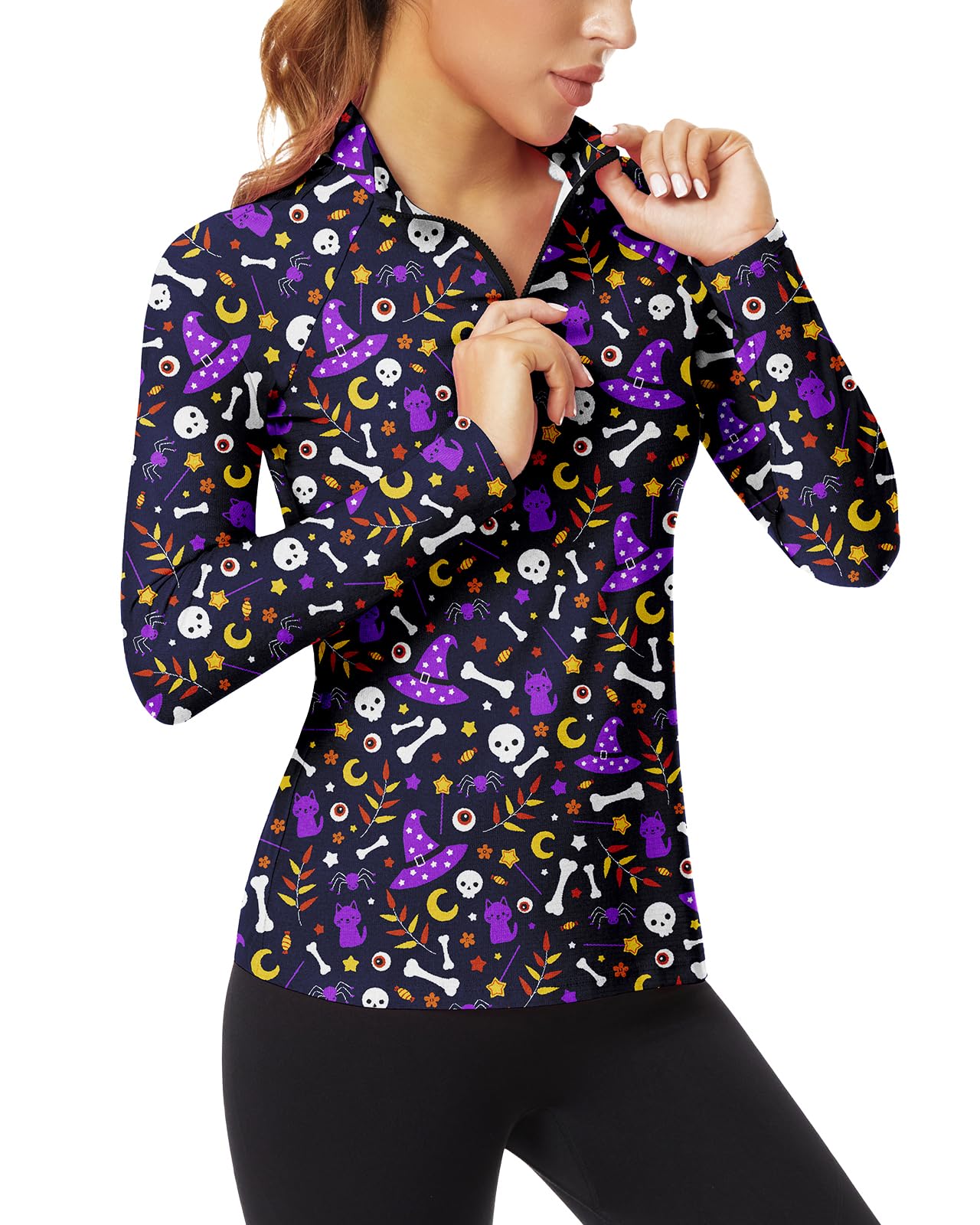 Women's Long Sleeve Golf Shirts Sun Protection Workout Pullover 3/4 Zip Teenis Sweatshirt Athletic Running Top Halloween (Purple Skull,M)