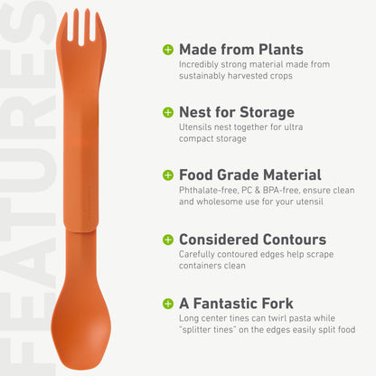 humangear GoBites Bio Duo - Travel Silverware, Full Size Portable Fork & Spoon, Reusable Utensil Set, PC and BPA-free, Food-Safe Bio-Resin, Extended - 9.1” X 1.6”, Orange