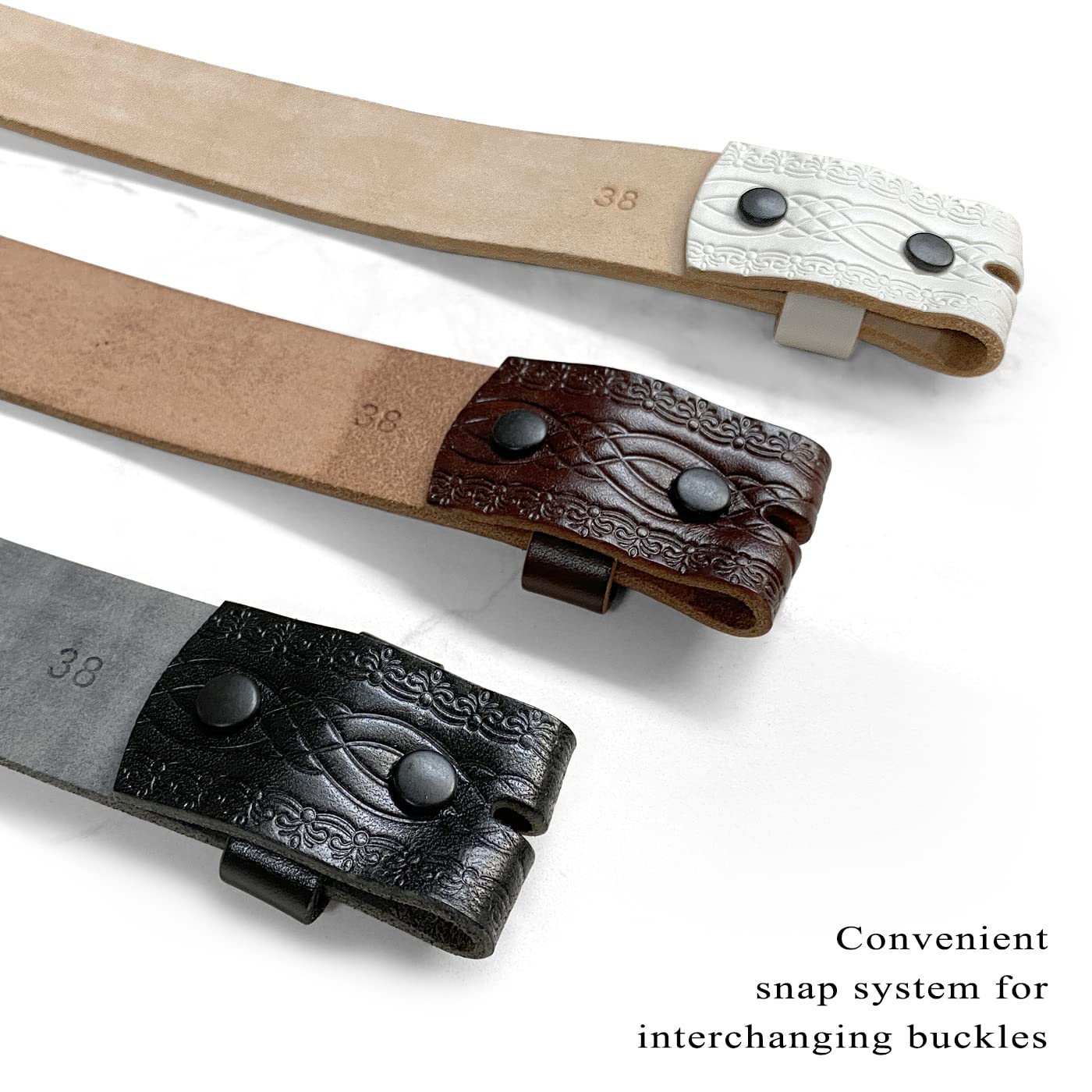 BS085 Genuine Full Grain Engraved Embossed Leather Belt Strap with Snaps on 1-1/2"(38mm) Wide (White, 42)