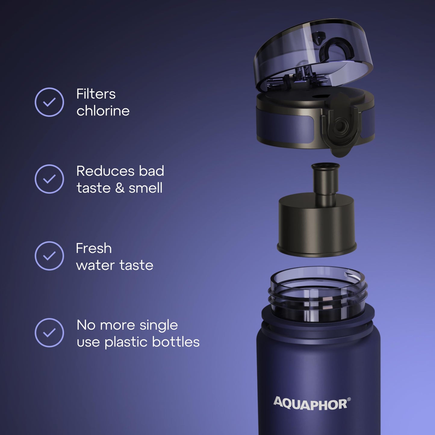 AQUAPHOR City Filtered Water Bottle in Tritan BPA-free - Portable with Integrated Water Purifying Filter 500 ml - Navy