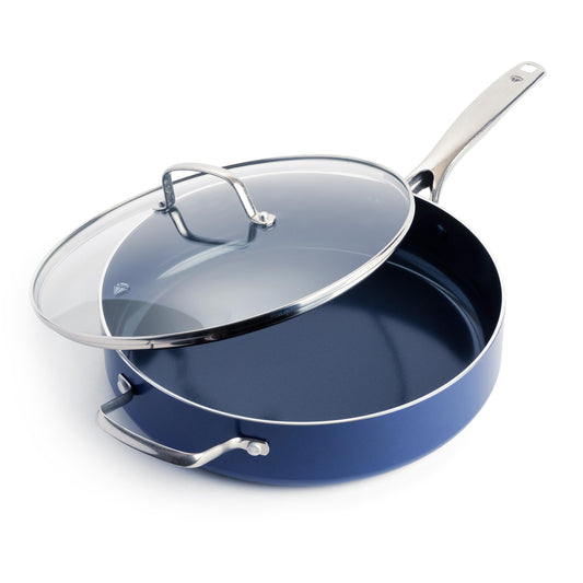 Blue Diamond 5QT Saute Pan with Lid, Non Toxic PFAS-Free Diamond Ceramic Nonstick, Dishwasher & Oven Safe, Metal Utensil Safe, Deep Jumbo Cooker Skillet with Helper Handle, Glass Lid, Blue
