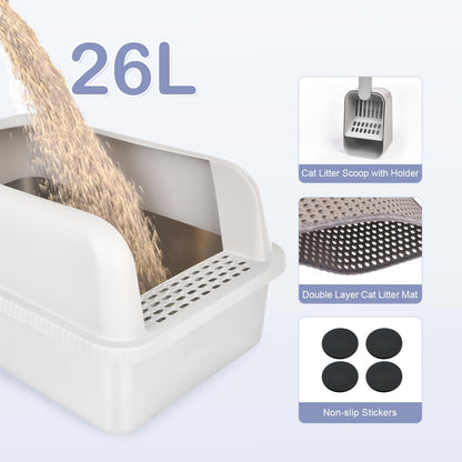 Henkelion Stainless Steel Cat Litter Box with Lid, 20" L x 14.2" W x 11.8" H, Extra Large Litter Box for Big Cats with High Sided, Anti-Urine Leakage, Easy Cleaning, Include Cat Mat and Scoop