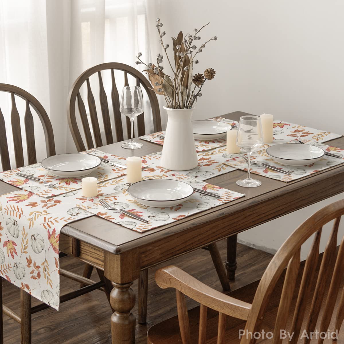 Artoid Mode Orange Maple Leaf Pumpkin Fall Placemats Set of 4, 12x18 Inch Seasonal Autumn Table Mats for Party Kitchen Dining Decoration