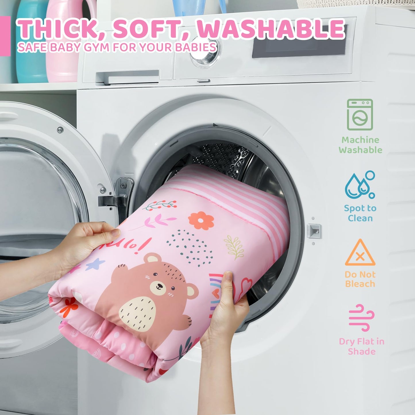 Baby Gym Play Mat, 8-in-1 Tummy Time Mat & Ball Pit with 6 Toys, Washable Baby Activity Mat for Visual, Hearing, Sensory, Motor Development, Baby Gift Newborn Infant 0-3-6-9-12 Months (Pink)