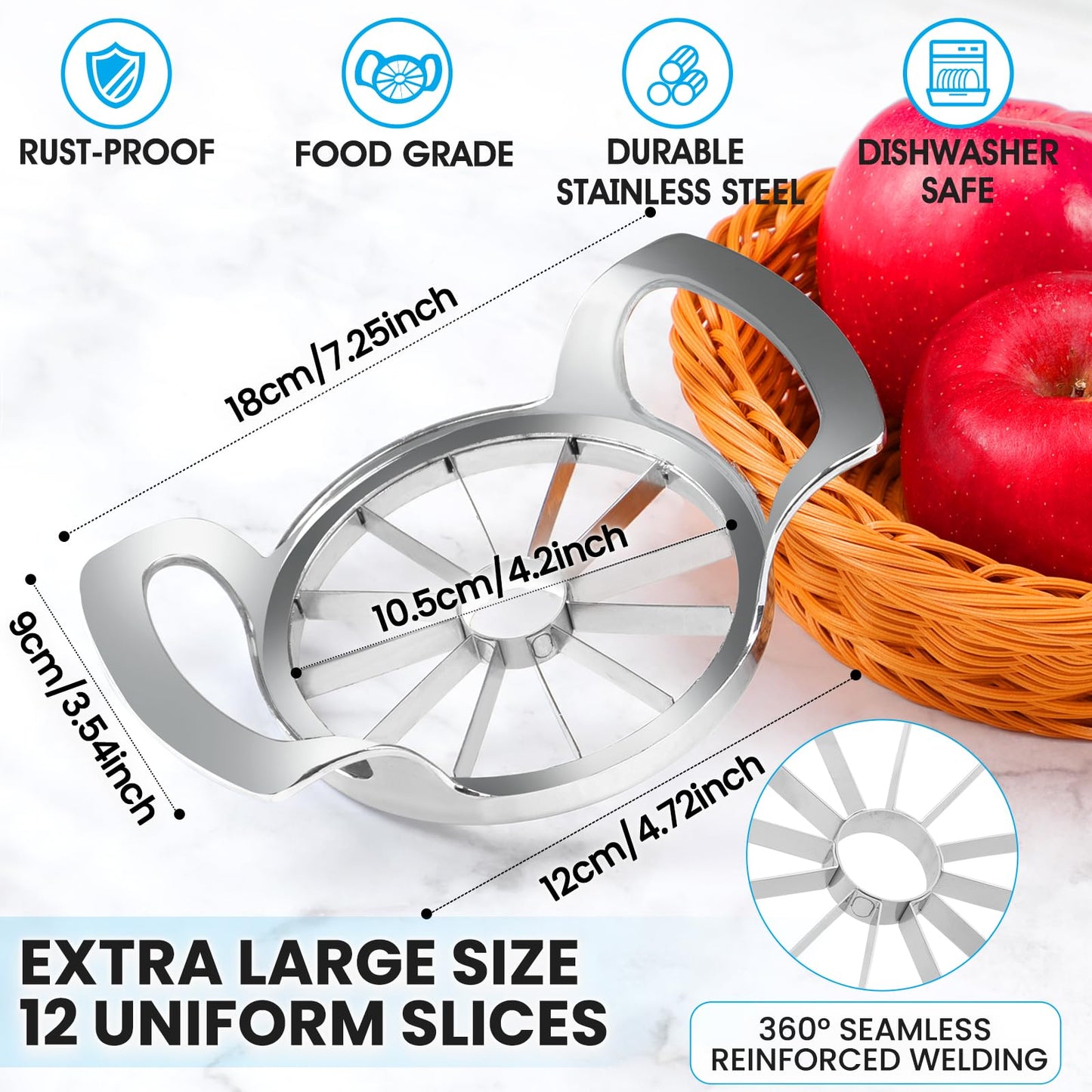 AUBENR 4.72 Inch Extra Large Apple Slicer with 12 Blades - Professional Heavy Duty Apple Cutter -304 Stainless Steel Apple Corer Tool - Sharp Apple Slicer and Corer - Easy to Use - Dishwasher Safe