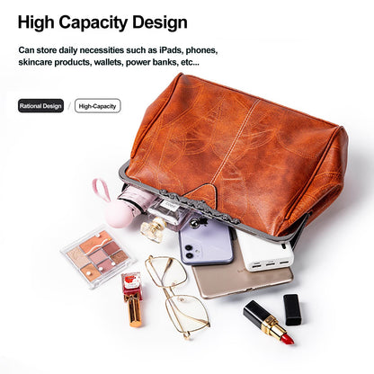 Women Vintage Hollow Handbag Oil Leather Shoulder Crossbody Bag Clutch Satchel Purse with Kiss Lock Closure (black)